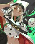  1girl armpits bandaged_arm bandages belt black_background black_belt brown_eyes cape closed_mouth commentary_request dark_skin guilty_gear guilty_gear_strive hair_between_eyes hand_up hat highres looking_to_the_side navel ramlethal_valentine solo sou_(pale_1080) white_hair white_headwear 