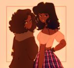 2girls black_hair brown_eyes brown_hair coat dark_skin green_eyes highres linmiee looking_at_viewer multiple_girls off_shoulder original plaid skirt slave smile sparkle strap twitter_username