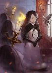  5others aerie_(bravely_default) agnes_oblige black_eyes black_gloves black_hairband bravely_default:_flying_fairy bravely_default_(series) brick_wall brown_eyes brown_hair candle closed_mouth door dress elbow_gloves fairy fairy_wings fire flying fog fur_trim gloves hairband highres holding indoors long_hair multiple_others neko_sheep open_mouth smile wax white_dress white_hair window wings 