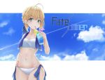  1girl absurdres ahoge artoria_pendragon_(all) bangs bikini blonde_hair blue_ribbon blue_sky blush braid breasts clouds cloudy_sky collarbone commentary_request copyright_name cowboy_shot day dress drink drinking drinking_straw eyebrows_visible_through_hair fate/stay_night fate_(series) green_eyes hair_between_eyes hair_ribbon hand_on_hip highres holding looking_at_viewer mr.doukotsu navel outdoors ribbon saber short_hair side-tie_bikini sidelocks sky small_breasts solo stomach summer sweat swimsuit white_background white_bikini 