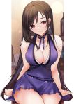  1girl bare_shoulders blue_dress blush breasts brown_hair crescent crescent_earrings dress earrings final_fantasy final_fantasy_vii final_fantasy_vii_remake jewelry large_breasts long_hair red_eyes ry_thae sleeveless sleeveless_dress solo 