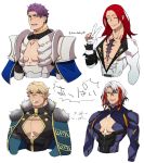  4boys adapted_costume blonde_hair body_armor cape cleavage_cutout closed_eyes fate/grand_order fate_(series) fur_trim gawain_(fate/extra) gloves highres lancelot_(fate/grand_order) male_focus multicolored_hair multiple_boys odysseus_(fate/grand_order) partly_fingerless_gloves purple_hair redhead scar silver_hair simple_background standplay streaked_hair tristan_(fate/grand_order) v white_background white_gloves 