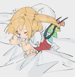 1girl back_bow blonde_hair bow closed_eyes commentary_request crystal flandre_scarlet gotoh510 hands_up lying no_hat no_headwear on_side pillow red_vest shirt side_ponytail sleeping solo stuffed_animal stuffed_toy touhou under_covers upper_body vest white_background white_shirt wings wrist_cuffs 
