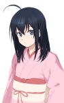  1boy ahoge asugano_subaru black_hair blue_eyes bow commentary_request japanese_clothes kimono looking_at_viewer medium_hair obi original pink_bow pink_kimono sash simple_background sketch solo white_background yagi_(ningen) yukata 