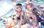  2girls animal_ear_fluff animal_ears arknights armband bandeau bangs bare_arms bare_shoulders bead_necklace beads belt black_belt black_cape black_gloves braid cabbie_hat cape cliffheart_(arknights) commentary cup drinking_straw gloves grey_eyes hair_between_eyes hands_up hat head_chain holding holding_cup jacket jewelry koyukomu leopard_ears looking_at_another multiple_girls necklace open_mouth pramanix_(arknights) short_hair siblings silver_hair sisters sitting sleeveless sleeveless_jacket strapless thigh-highs tubetop twin_braids white_headwear white_jacket white_legwear 
