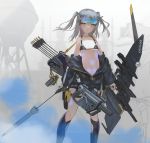  1girl bangs bikini black_bikini black_gloves black_jumpsuit black_legwear bow_(weapon) breasts carrying commentary_request english_text explosive fog gloves glowing_skin goggles goggles_on_head grenade grey_hair gun highres holding holding_bow_(weapon) holding_weapon holster jumpsuit_pull kneehighs logo long_sleeves looking_at_viewer mecha_musume medium_hair msz0062zeta2 navel original outdoors parted_bangs quiver scope short_jumpsuit small_breasts solo standing string_bikini swimsuit thigh_holster trigger_discipline two_side_up water_tower weapon yellow_eyes zipper 
