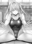  1girl blurry breasts collarbone commentary_request competition_swimsuit covered_navel depth_of_field gentsuki greyscale highres indoors large_breasts leaning_forward long_hair looking_at_viewer monochrome one-piece_swimsuit original sitting solo spread_legs swimsuit twintails 