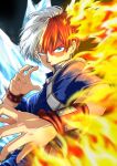  1boy absurdres blue_eyes boku_no_hero_academia burn_scar fighting_stance fire gpsmikasa_game highres ice looking_at_viewer male_focus multicolored_hair open_mouth redhead scar short_hair todoroki_shouto two-tone_hair uniform upper_body white_hair wristband 