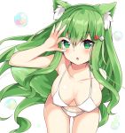  1girl :o animal_ear_fluff animal_ears arm_up bangs bare_arms bare_shoulders bikini blush breasts bubble collarbone commentary eyebrows_visible_through_hair green_eyes green_hair hair_between_eyes hair_ornament leaning_forward long_hair looking_at_viewer maki_soutoki medium_breasts navel original parted_lips solo swimsuit symbol_commentary tail very_long_hair white_background white_bikini 