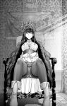  1girl ass_visible_through_thighs breasts chair hair_between_eyes high_heels indoors jewelry large_breasts looking_at_viewer monochrome necklace original panties pantyhose sitting skirt skirt_lift solo underwear yamada_yoshinobu 
