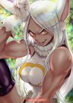  1girl animal_ears bare_shoulders biceps boku_no_hero_academia breasts dark_skin fang magion02 mirko muscle muscular_female open_mouth pose rabbit_ears red_eyes sleeveless solo teeth thigh-highs upper_body white_hair 