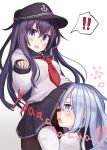  !! ... 2girls @_@ akatsuki_(kantai_collection) anchor_symbol black_legwear blue_eyes blush eyebrows_visible_through_hair flat_cap hat hibiki_(kantai_collection) highres kantai_collection long_hair long_sleeves multiple_girls neckerchief open_mouth pantyhose pleated_skirt purple_hair reitou_mikan russian_text sailor_collar school_uniform serafuku silver_hair simple_background skirt skirt_lift spoken_ellipsis verniy_(kantai_collection) violet_eyes white_background 