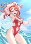  1girl absurdres akino_(princess_connect!) armpits bare_shoulders blue_sky breasts casual_one-piece_swimsuit clouds cowboy_shot day highleg highleg_swimsuit highres long_hair looking_at_viewer navel one-piece_swimsuit outdoors ponytail princess_connect! princess_connect!_re:dive red_swimsuit redhead sky small_breasts solo standing swimsuit taotao violet_eyes 