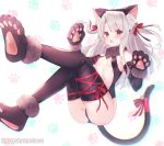  1girl animal_ear_fluff animal_ears ass bangs bare_shoulders bell black_gloves black_legwear black_sleeves blush breasts cat_ears cat_tail center_opening commentary_request detached_sleeves eyebrows_visible_through_hair fake_animal_ears fate/grand_order fate_(series) full_body fur-trimmed_gloves fur_collar fur_trim gloves hair_bell hair_between_eyes hair_ornament hair_ribbon illyasviel_von_einzbern jingle_bell long_hair looking_at_viewer open_mouth paw_gloves paw_shoes paws red_eyes red_ribbon ribbon shoes sidelocks small_breasts solo suzuho_hotaru tail tail_ribbon thigh-highs twitter_username 