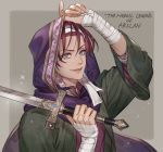  1boy adjusting_headwear akakokko_(niro_azarashi) arm_up arslan_senki bandaged_arm bandages blue_eyes brown_background character_name coat earrings english_text fingernails gieve hair_between_eyes hair_strand hand_on_headwear hand_up headband holding holding_sword holding_weapon hood hood_up jewelry long_sleeves looking_at_viewer male_focus open_clothes open_coat parted_lips paws redhead smile solo sword upper_body weapon 