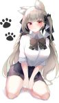  1girl alternate_costume animal_ears azur_lane black_bow black_skirt blush bow breasts cat_ears collared_shirt dress_shirt formidable_(azur_lane) grey_hair highres kneeling large_breasts long_hair looking_at_viewer nephthys2356 red_eyes ribbon shirt short_sleeves simple_background skirt thighs twintails two-tone_ribbon very_long_hair white_background white_shirt 