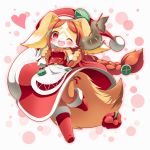  1girl :3 :d alternate_costume animal_ears bag bare_shoulders blush boots breasts brown_fur brown_hair chantico_(fullbokko_heroes) christmas collarbone commentary_request detached_sleeves dog dog_ears dog_girl dog_tail fish full_body fullbokko_heroes fur-trimmed_sleeves fur_trim furry grilled_fish hair_ornament happy hat headwear heart holding holding_bag holding_stick leg_up long_hair looking_at_viewer medium_breasts neru_(neruneruru) one_eye_closed open_mouth red_eyes red_pepper red_sleeves santa_boots santa_hat sideboob simple_background smile solo stick tail two-tone_fur white_bag white_fur x_hair_ornament 