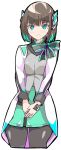  1girl absurdres aqua_hair black_hair black_legwear black_nails blue_eyes bow coat enpe eyebrows_visible_through_hair fingernails highres humagear_headphones is_(kamen_rider_01) kamen_rider kamen_rider_01_(series) long_sleebes multicolored_hair open_clothes open_coat pantyhose short_hair simple_background smile solo two-tone_hair v_arms white_background white_coat 