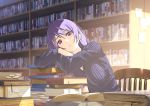 1girl bangs black_sweater book book_stack bookmark bookshelf breasts chair commentary crossed_arms expressionless furuyama_itaru hair_between_eyes head_on_arm indoors large_breasts library light_frown long_hair looking_at_viewer on_chair open_book original purple_hair ribbed_sweater sitting solo sticky_note sweater v-neck violet_eyes 