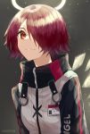  1girl absurdres arknights artist_name bangs brown_background commentary detached_wings exusiai_(arknights) hair_over_one_eye halo highres jacket kanniepan looking_at_viewer penguin_logistics_(arknights) red_eyes redhead short_hair smile solo white_jacket wings 