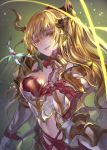  1girl armor armored_dress blonde_hair choker gauntlets granblue_fantasy heart high_ponytail highres horns kiriyama2109 long_hair navel navel_cutout sidelocks smile solo very_long_hair vira_lilie 