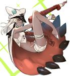  1girl bandaged_arm bandaged_leg bandages barefoot cape clover dark_skin fingerless_gloves gloves guilty_gear guilty_gear_strive hair_between_eyes hat midriff navel orange_eyes oro_(sumakaita) popped_collar ramlethal_valentine shirt short_shorts shorts sleeveless sleeveless_shirt solo thigh_strap white_cape white_gloves white_hair white_shorts 