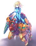  1girl absurdres armor bangs blonde_hair blue_bodysuit bodysuit breasts closed_mouth commentary_request covered_navel full_body glowing green_eyes gun hair_between_eyes high_ponytail highres holding holding_gun holding_weapon ishiyumi large_breasts long_hair looking_at_viewer metroid paralyzer power_armor samus_aran sidelocks solo twisted_torso varia_suit weapon zero_suit 