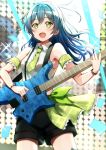 1girl asahi_rokka bang_dream! blue_hair confetti green_eyes guitar highres holding_instrument instrument long_hair mia_(fai1510) stage