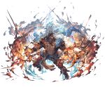  1boy abs bara black_hair blue_fire chest dark_skin dark_skinned_male draph earrings eyepatch fighting_stance fire full_body gloves granblue_fantasy horns jewelry long_hair looking_at_viewer male_focus manly muscle navel official_art one_eye_covered pants pointy_ears reinhardtzar revealing_clothes shiny shiny_hair shoes smile solo white_background 