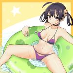  1girl absurdres ahoge azur_lane bangs bikini black_hair breasts commentary_request covered_nipples edoara feet_out_of_frame frog hair_rings highres innertube long_hair looking_at_viewer medium_breasts ning_hai_(azur_lane) partially_submerged purple_bikini sitting solo spread_legs swimsuit twintails violet_eyes water 