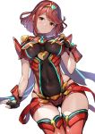  1girl absurdres bangs breasts breasts_apart chest_jewel covered_navel cowboy_shot earrings fingerless_gloves gloves head_tilt highres pyra_(xenoblade) impossible_clothes jewelry koruse large_breasts looking_at_viewer red_eyes red_legwear red_shorts redhead short_hair short_shorts shorts skindentation solo swept_bangs thigh-highs thigh_gap tiara xenoblade_(series) xenoblade_2 