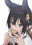  1girl animal_ears bangs black_hair commentary_request eating extra_ears food hair_between_eyes hair_ornament hands holding holding_food looking_at_viewer narumi_arata open_mouth original pointy_ears short_hair sidelocks simple_background solo upper_body violet_eyes white_background 