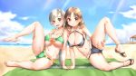  2girls alternate_costume barefoot beach beach_towel bikini black_bikini blue_sky breasts brown_eyes brown_hair chitose_(kantai_collection) chiyoda_(kantai_collection) clouds collarbone day frilled_bikini frills green_bikini grey_eyes grey_hair highres june_(ne_z_asa) kantai_collection large_breasts long_hair multiple_girls navel ocean outdoors ponytail short_hair sky swimsuit towel 