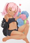  1girl absurdres bangs bare_legs bare_shoulders barefoot black_jacket black_shorts blue_flower blush breasts brown_eyes child chloe_von_einzbern collarbone commentary_request crop_top dark_skin fate/grand_order fate_(series) feet flower hair_ornament heart highres jacket long_hair long_sleeves looking_at_viewer midriff navel off_shoulder open_clothes open_jacket open_mouth piliheros2000 pink_flower pink_hair short_shorts shorts simple_background sitting small_breasts smile solo stomach twintails white_background 