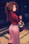  1girl aerith_gainsborough aqua_eyes ass basket braid brown_hair carlos_eduardo commentary dress english_commentary final_fantasy final_fantasy_vii flower from_behind highres lips long_hair looking_back nose pantylines pink_dress solo 