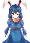  1girl animal_ears blue_dress blue_hair breasts closed_mouth dress ear_clip light_smile long_hair looking_at_viewer medium_breasts one_eye_closed puffy_short_sleeves puffy_sleeves rabbit_ears red_eyes sameya seiran_(touhou) short_sleeves simple_background solo touhou twintails upper_body white_background 
