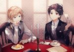  2boys arm_support black_jacket black_neckwear blonde_hair blue_ribbon book cake candle candlestand card chair character_request commentary_request cup food fork gem hair_ribbon holding holding_fork jacket kazutake_hazano letter long_sleeves looking_at_viewer male_focus medium_hair multiple_boys parted_lips red_eyes ribbon shiro_seijo_to_kuro_bokushi shirt short_hair short_ponytail side_ponytail sitting smile sweater_vest table teacup vest white_neckwear white_shirt 