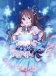 1girl blue_background blue_bow blue_dress bow bracelet brown_eyes brown_hair dress dress_bow earrings frilled_dress frills gocoli hair_bow hair_intakes highres idolmaster jewelry long_hair looking_at_viewer open_mouth shimamura_uzuki snowflakes solo standing tareme thigh-highs white_legwear