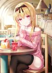  1girl aran_sweater arifureta_shokugyou_de_sekai_saikyou bangs bare_shoulders bendy_straw black_bow black_hairband black_legwear black_ribbon blonde_hair blurry blurry_background blush bow breasts cafe cake ceiling_light chair closed_mouth collarbone commentary_request crossed_legs cup dress drink drinking_glass drinking_straw eyebrows_visible_through_hair feet_out_of_frame food fruit hair_between_eyes hair_bow hair_ribbon hairband hand_on_own_face highres holding indoors iren_lovel long_hair long_sleeves looking_at_viewer off-shoulder_sweater off_shoulder on_chair pink_sweater plate red_eyes ribbon sitting sleeves_past_wrists smile solo strawberry sweater sweater_dress table thigh-highs very_long_hair yue_(arifureta) 