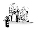  2girls alcohol blush bottle closed_eyes crying crying_with_eyes_open cup greyscale holding holding_cup kirisame_marisa long_hair matara_okina monochrome multiple_girls no_headwear petting sameya simple_background sitting tabard tears touhou upper_body white_background 