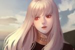  1girl blue_sky clouds day fire_emblem fire_emblem:_three_houses long_hair lysithea_von_ordelia muntjac_art open_mouth outdoors pink_eyes sky solo upper_body white_hair 