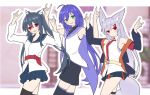  3girls :d ahoge animal_ear_fluff animal_ears arms_up bangs bare_shoulders black_hair black_jacket black_legwear black_shorts black_skirt blue_sailor_collar blue_skirt blurry blurry_background blush breasts closed_mouth collarbone collared_shirt depth_of_field double_fox_shadow_puppet eyebrows_visible_through_hair fox_ears fox_girl fox_shadow_puppet fox_tail green_eyes grey_hair hair_between_eyes hair_intakes jacket long_sleeves multicolored_hair multiple_girls necktie open_clothes open_jacket open_mouth original outline pleated_skirt purple_hair red_eyes red_neckwear redhead sailor_collar school_uniform serafuku shirogane_kasane shirt short_shorts shorts skirt sleeveless sleeveless_shirt small_breasts smile streaked_hair surume_aburi tail thigh-highs thigh_strap tie_clip twintails white_outline white_shirt 