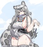  1girl animal_ears arknights bangs bead_necklace beads belt black_belt braid breasts commentary cowboy_shot dress fish grey_background grey_dress grey_eyes grey_hair grey_legwear grey_panties groin hair_between_eyes hand_up head_chain highres ierotak jewelry large_breasts leopard_ears leopard_tail long_hair looking_at_viewer mouth_hold multiple_belts necklace panties pelvic_curtain_lift pramanix_(arknights) sideboob sleeveless sleeveless_dress solo tail thick_thighs thigh-highs thighs turtleneck_dress twin_braids twitter_username underwear wet white_background 