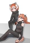  2girls :3 animal_ears bare_shoulders black_fur black_gloves black_legwear black_neckwear black_shirt black_sweater bow bowtie brown_eyes commentary_request elbow_gloves extra_ears eyebrows_visible_through_hair fur_collar gloves highres kemono_friends lesser_panda_(kemono_friends) long_hair long_sleeves looking_at_another multicolored_hair multiple_girls multiple_persona panda_ears panda_girl panda_tail pantyhose redhead shirt short_hair short_shorts shorts sidelocks sitting sleeveless striped striped_shirt sweater tatsuno_newo white_hair 