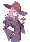  1girl absurdres black_neckwear hair_over_one_eye hand_on_hip hat highres holding_mushroom kr_ohoshisama little_witch_academia long_hair looking_at_viewer mushroom pale_skin pink_hair red_eyes robe school_uniform simple_background solo standing sucy_manbavaran white_background wide_sleeves witch_hat 