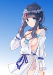  1girl akaya_(pixiv20545353) bangs bare_shoulders black_hair blue_background blue_eyes blue_ribbon blunt_bangs blush breasts closed_mouth collarbone dress fate/grand_order fate/requiem fate_(series) fundoshi gradient gradient_background hand_in_hair highres japanese_clothes jewelry long_sleeves looking_at_viewer magatama magatama_hair_ornament medium_breasts medium_hair multicolored_hair necklace pelvic_curtain pink_hair puffy_long_sleeves puffy_sleeves ribbon short_dress sideboob sideless_outfit smile streaked_hair thighs utsumi_erise white_dress 