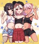  3girls bangs bare_shoulders baseball_cap black_hair black_headwear black_shorts black_tank_top blue_shorts blush breasts chawan_(yultutari) chloe_von_einzbern collarbone crop_top dark_skin fate/kaleid_liner_prisma_illya fate_(series) fishnet_legwear fishnets hair_bun hair_ornament hairclip hand_on_another&#039;s_hip hat highres illyasviel_von_einzbern long_hair looking_at_viewer midriff miyu_edelfelt multiple_girls navel open_mouth orange_eyes pink_hair red_eyes red_skirt short_shorts shorts sidelocks skirt small_breasts smile star_(symbol) strap_slip tank_top thighs twintails two-tone_background v waving white_background white_hair white_tank_top yellow_background yellow_eyes 