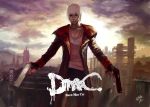  1boy black_coat black_gloves blue_eyes city clouds cloudy_sky coat collarbone dante_(devil_may_cry) dante_(dmc:_devil_may_cry) day devil_may_cry devil_may_cry_3 dmc:_devil_may_cry dual_wielding english_text fingerless_gloves fingernails gloves gun handgun holding holding_gun holding_weapon jewelry kikira male_focus necklace outdoors parted_lips pistol signature silhouette sky smile solo standing weapon white_hair 