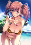  1girl 1other atlanta_(kantai_collection) beach beer_can bikini blush bokukawauso brand_name_imitation breasts brown_hair can clouds collarbone cowboy_shot day earrings eyebrows_visible_through_hair fingernails gold_bikini grey_eyes groin heart_lock_(kantai_collection) highres holding holding_can jewelry kantai_collection kyougoku_shin large_breasts long_hair navel necklace ocean open_mouth palm_tree sky star_(symbol) star_earrings swimsuit tree two_side_up water 