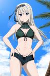  1girl bangs bikini bikini_under_clothes blue_eyes blue_sky blush clothing_request clouds cowboy_shot front-tie_bikini front-tie_top green_bikini hairband highres inoshira kaguya-sama_wa_kokurasetai_~tensai-tachi_no_renai_zunousen~ lens_flare palm_tree shirogane_kei short_shorts shorts silver_hair sky slit_pupils smile solo swimsuit tree watermark 